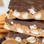 Stack of three no bake s'mores peanut butter bars