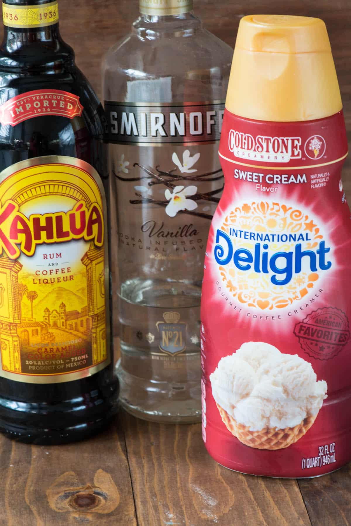 bottles of Kahlua, vanilla vodka, and coffee creamer.