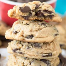 Stack of pudding cookies with top showing middle of cookie