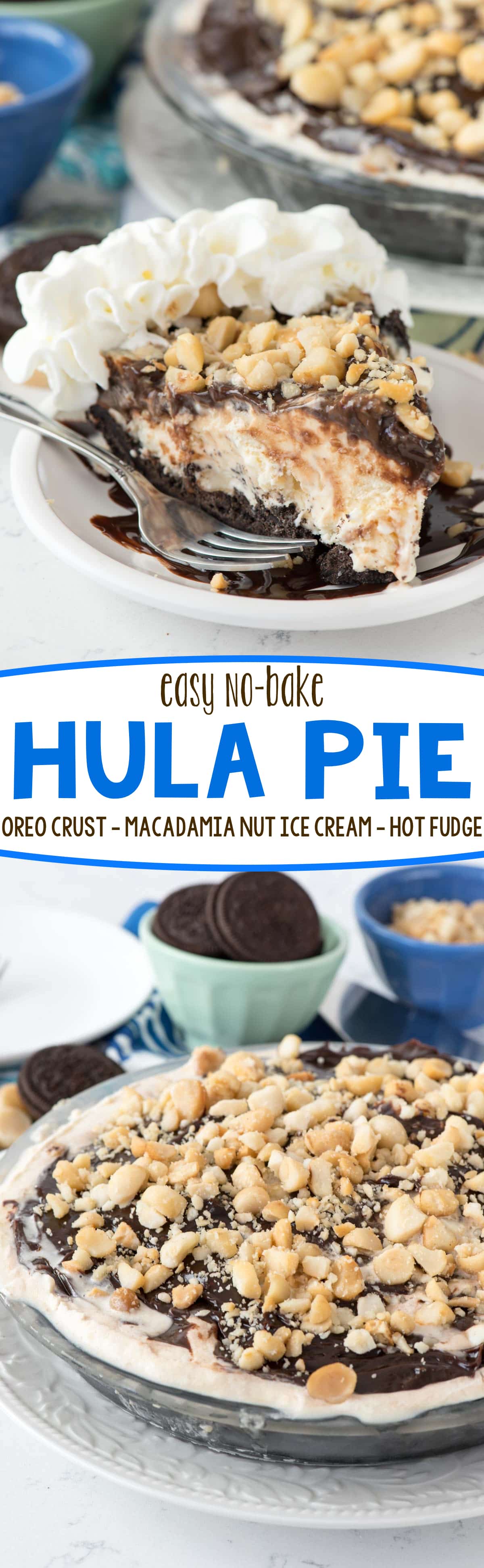 Easy No Bake Hula Pie Recipe - an easy no bake pie with an Oreo crust, macadamia nut ice cream, and hot fudge! No one could stop eating this pie!