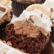French silk cupcake split in half to show chocolate cream filling