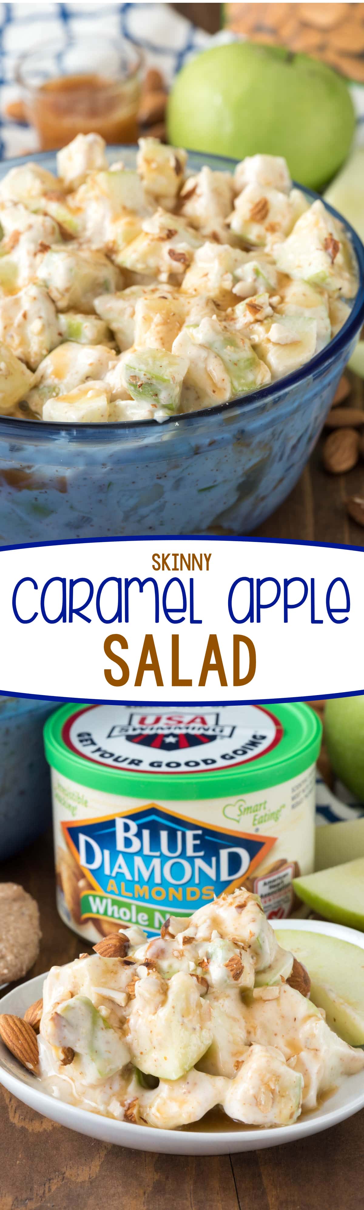 Skinny Caramel Apple Salad Recipe - an easy and HEALTHIER version of an apple salad! This recipe uses greek yogurt and almond butter for an easy potluck dish that's better for you!
