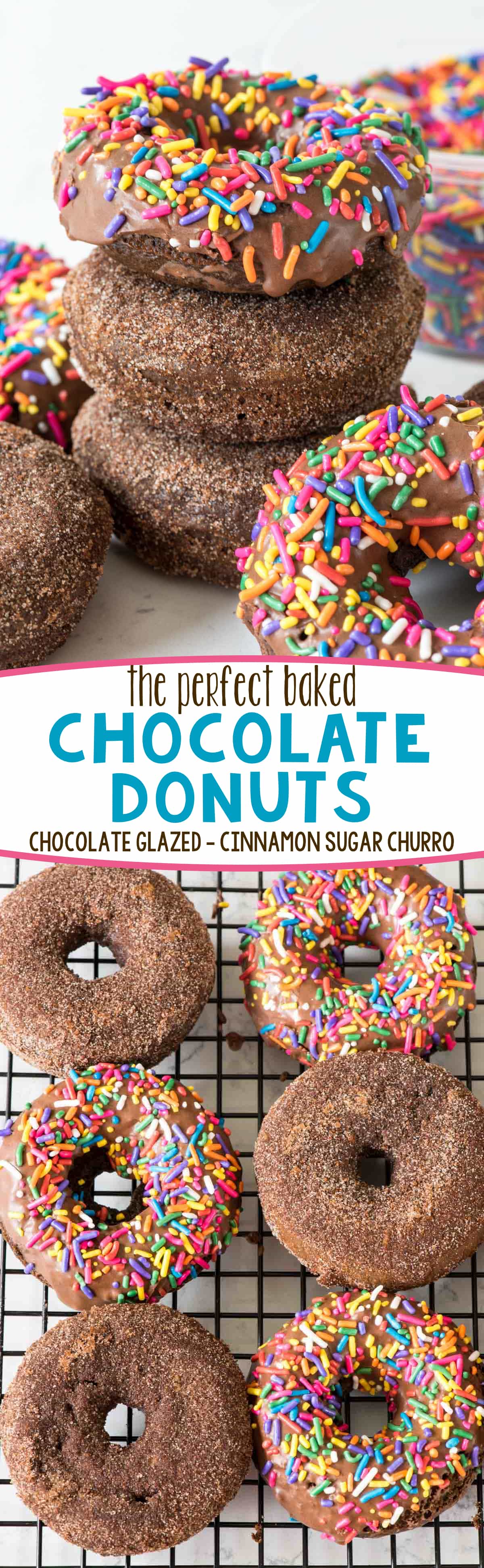 Baked Chocolate Donuts - this recipe is the perfect donut recipe! It's light and fluffy and they're served up glazed or cinnamon sugar churro style!