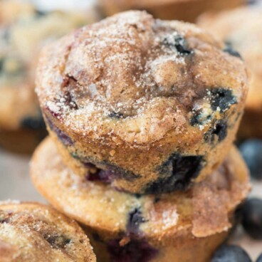 Two banana blueberry muffins on top of eachother