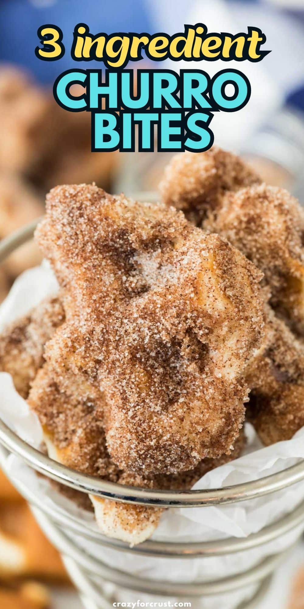 pile of cinnamon sugar waffled biscuits in cone shaped container.