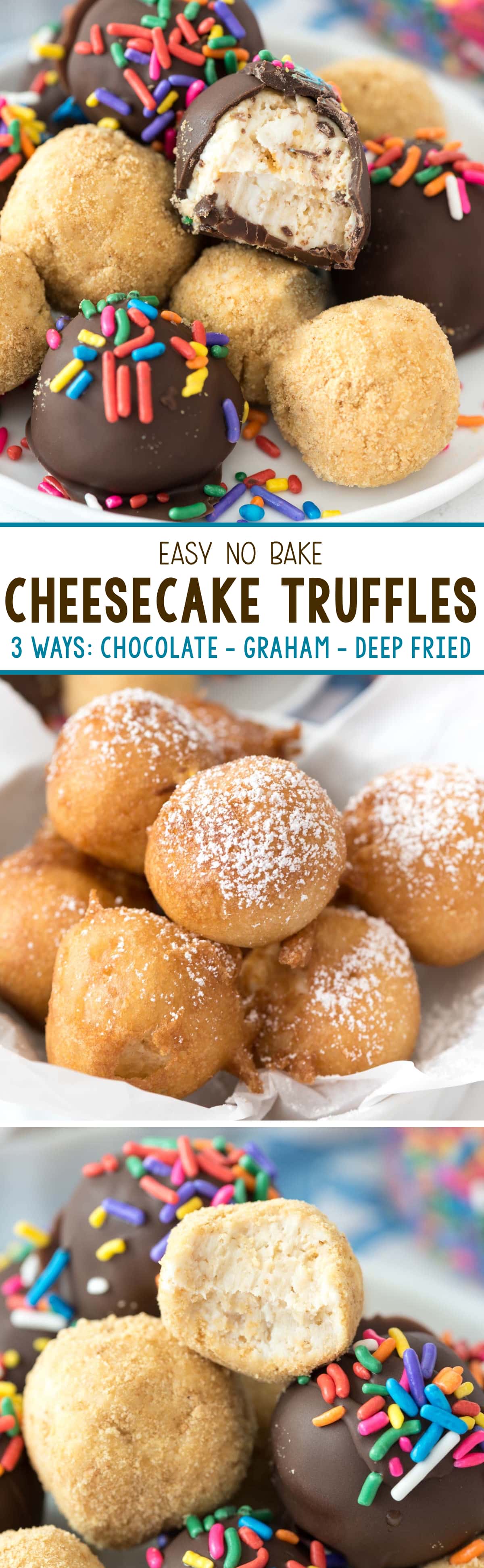 No Bake Cheesecake Truffles - this easy truffle recipe are actually bites of no bake cheesecake! Make them coated in graham crumbs or chocolate, or deep fry them like at the fair!