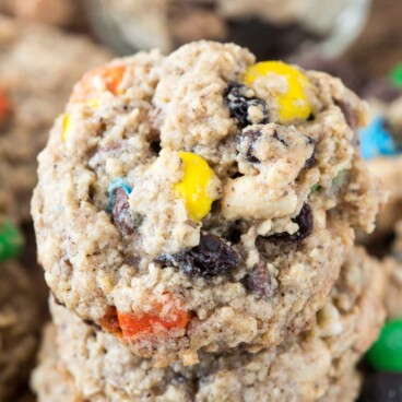 Close up photo of stacked trail mix oatmeal cookies