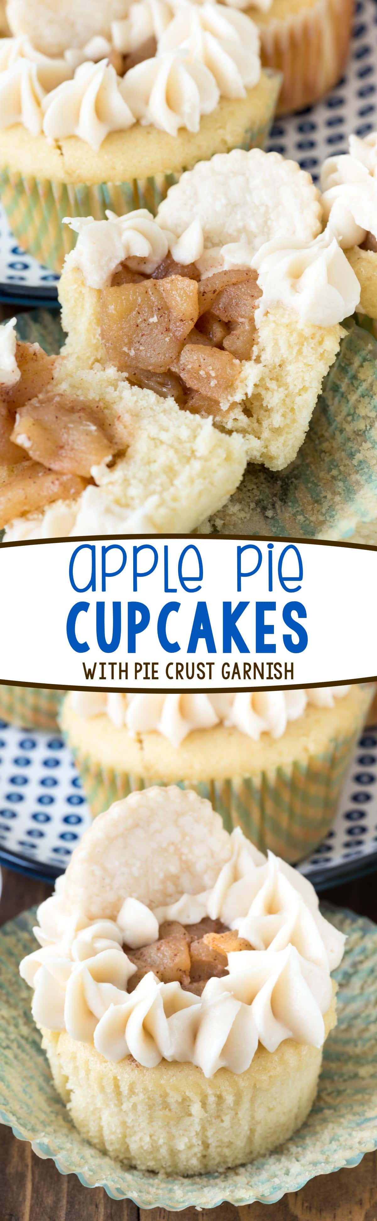 Apple Pie Cupcakes - My favorite vanilla cupcake recipe filled with homemade apple pie filling, topped off with frosting and a pie crust chip!