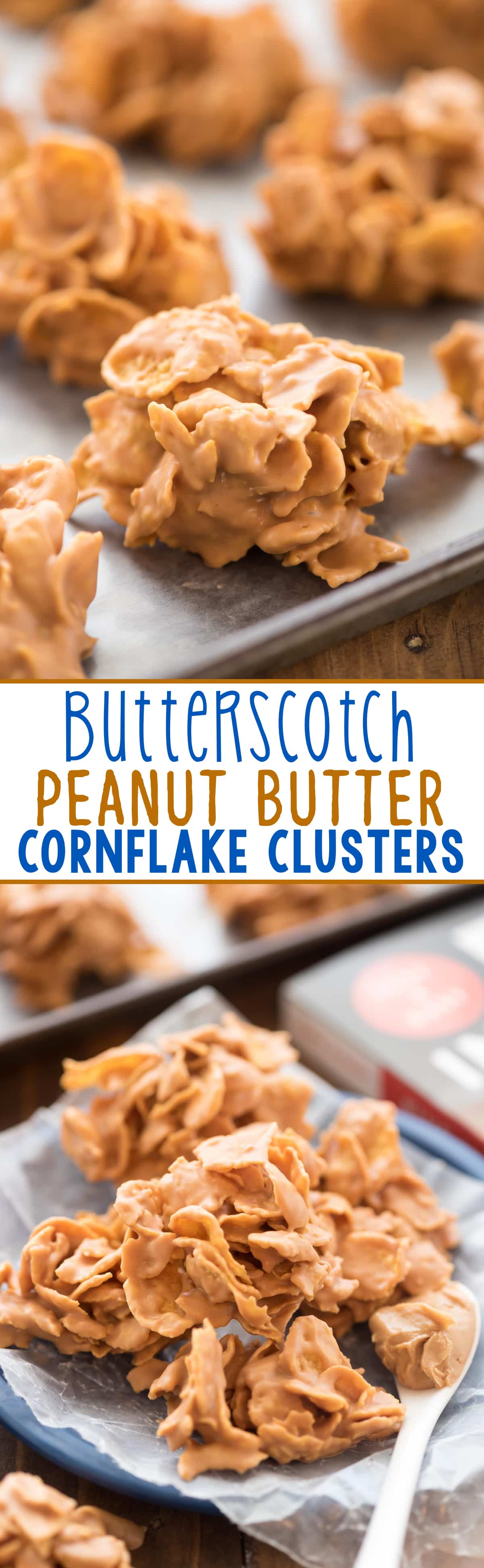 Butterscotch Peanut Butter Cornflake Clusters - this easy candy recipe has only 3 ingredients! Perfect for a quick no-bake snack or holiday cookie tray.