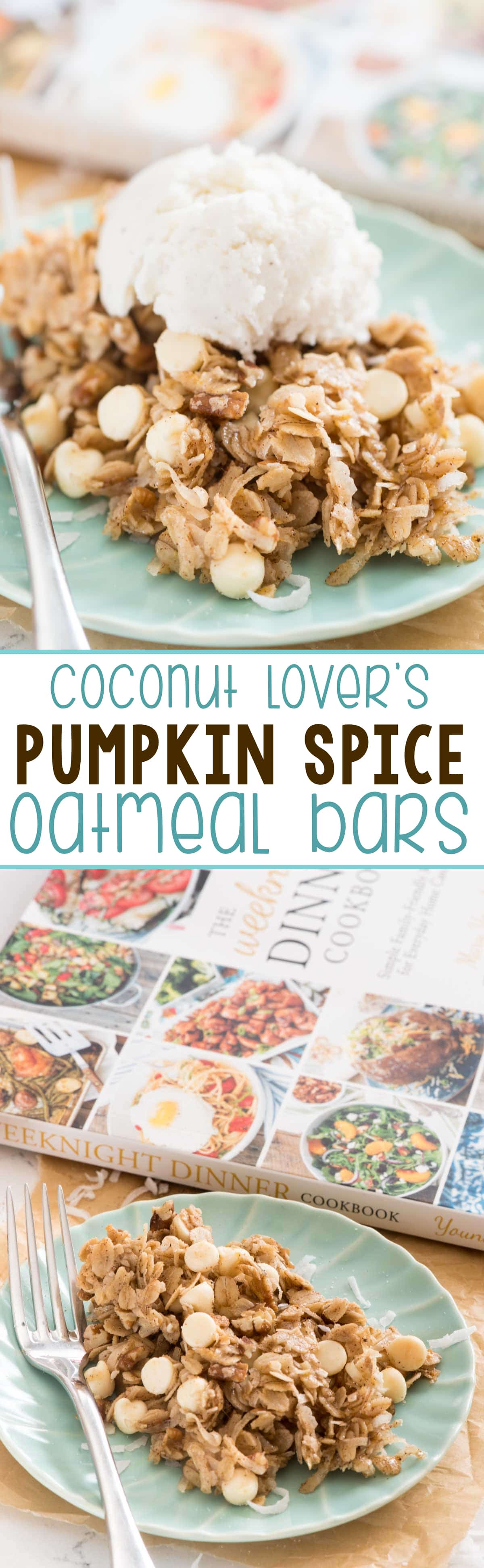 Easy Coconut Lover's Pumpkin Spice Oatmeal Bars - this simple dessert recipe is perfect with ice cream! It's got no flour and is FULL of pumpkin pie spice!