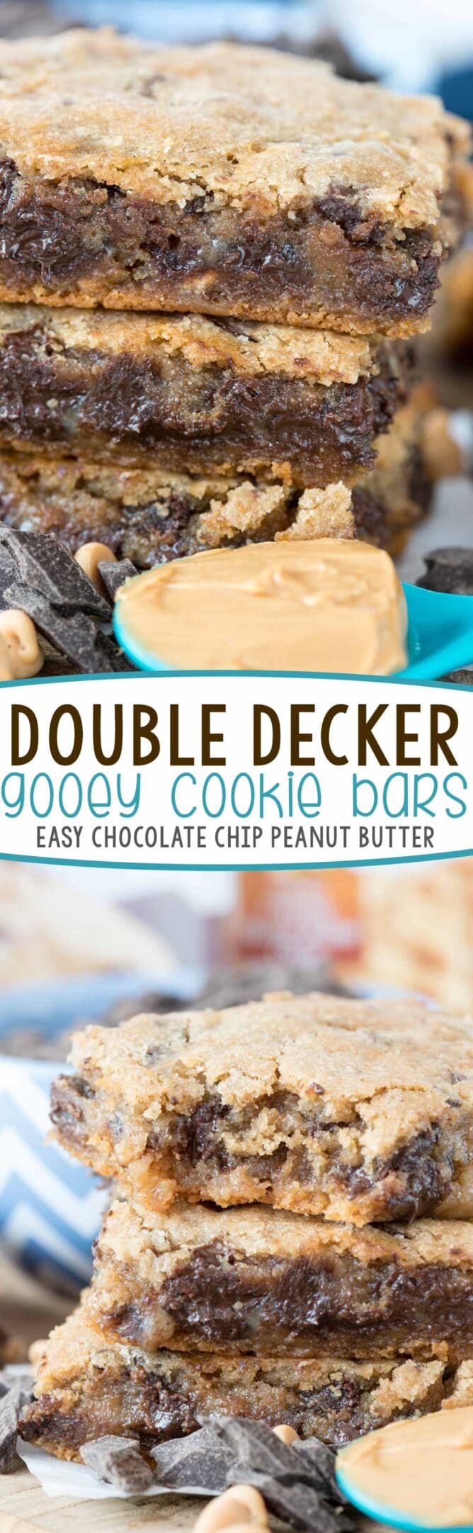 Double decker gooey cookie bars photo collage with words in the middle