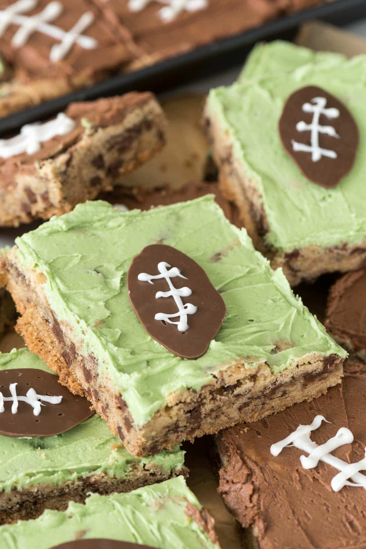 Easy Mega Chocolate Chip Cookie Cake decorated for football season!