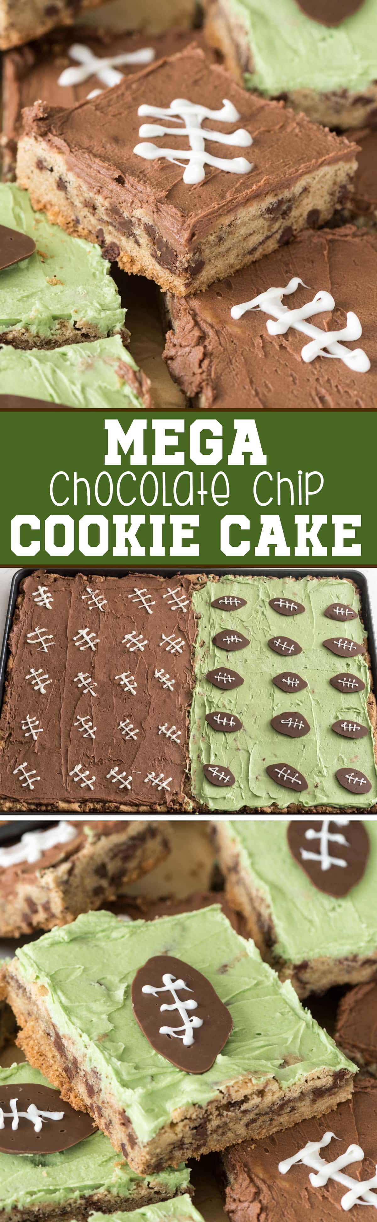 Mega Chocolate Chip Cookie Cake frosted for football season! This easy cookie recipe makes a TON so it's perfect for a party.