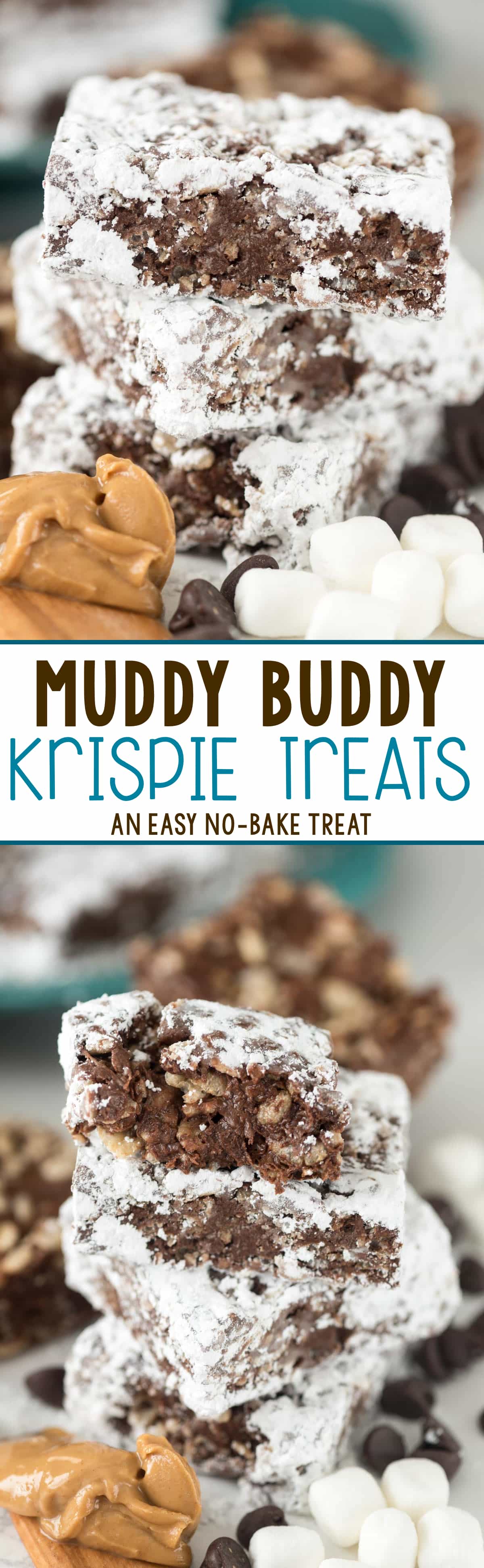 Easy Muddy Buddy Krispie Treats - peanut butter chocolate cereal treats coated in powdered sugar!