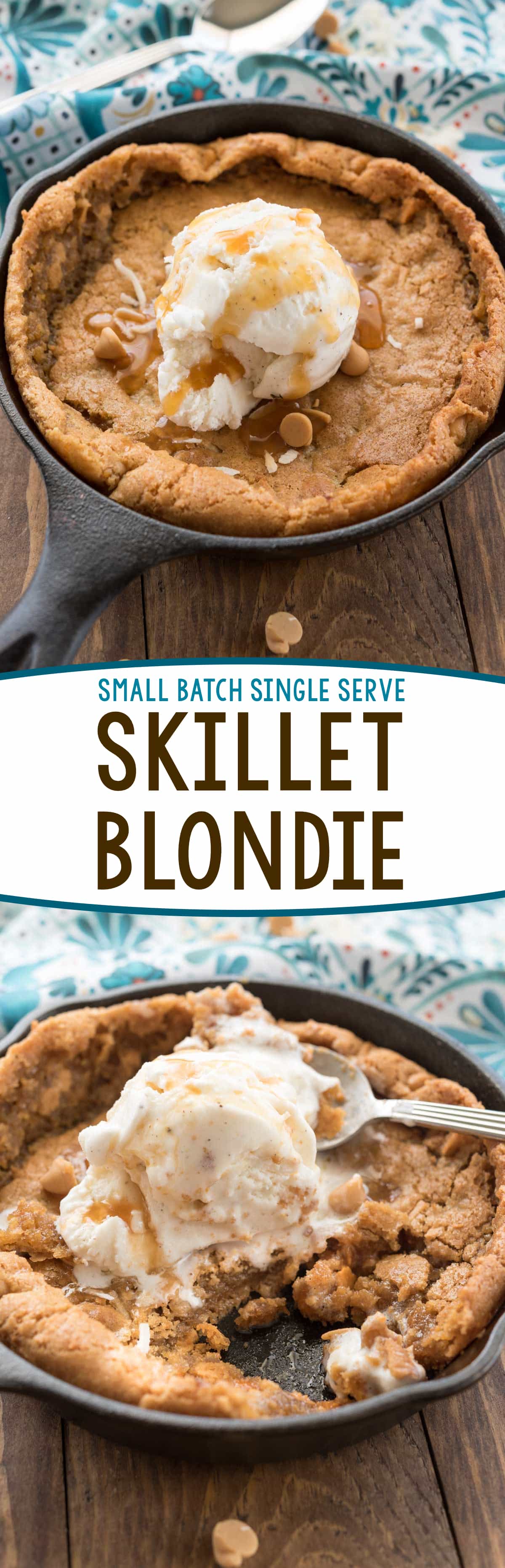 Small Batch Skillet Blondie - this easy blondie recipe is made for two! It mixes up in just a few minutes and is baked in a small pan or cast iron skillet. Top with ice cream for a single serve dessert!