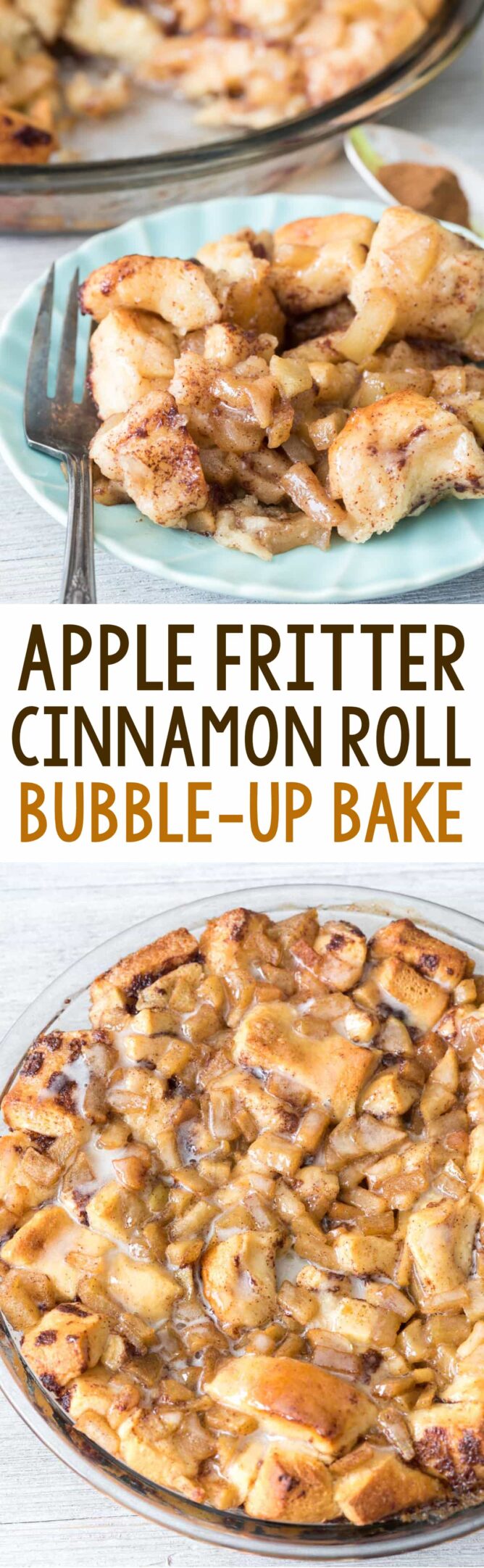 Apple fritter cinnamon roll bake photo collage with text in the middle