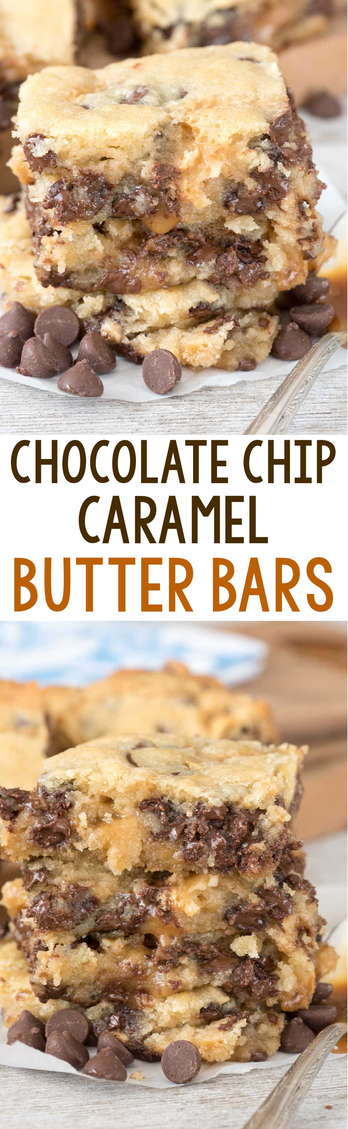 Barres au caramel et aux pépites de chocolat - des barres de biscuits au sucre faciles à réaliser, remplies de pépites de chocolat et prises en sandwich avec une sauce au caramel gluante ! Ces barres gluantes sont TELLEMENT addictives.