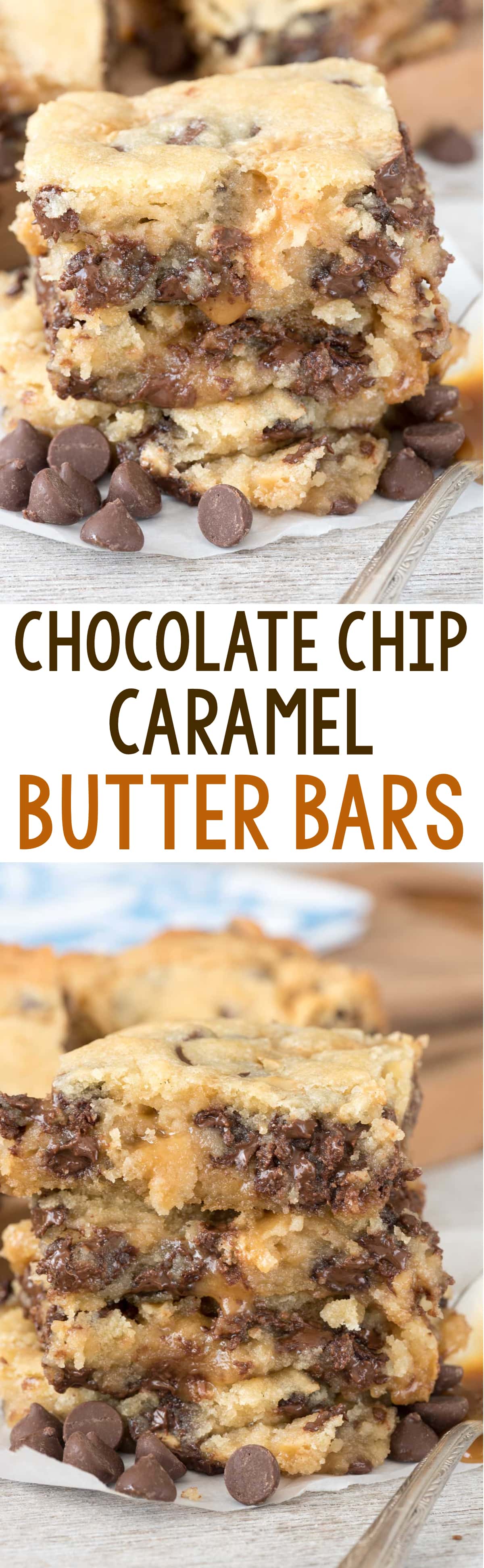 Chocolate Chip Caramel Butter Bars - facili barrette di biscotti allo zucchero ripiene di gocce di cioccolato e ricoperte di salsa al caramello! Queste barrette appiccicose creano dipendenza.