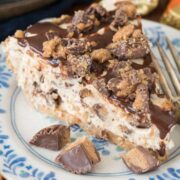 Slice of no bake peanut butter pie on plate