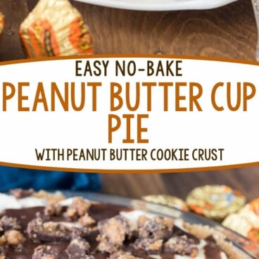 Peanut butter cup pie photo collage with no words in the middle