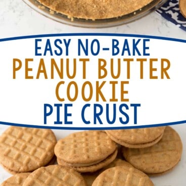 No bake peanut butter cookie pie crust photo collage with words in the middle