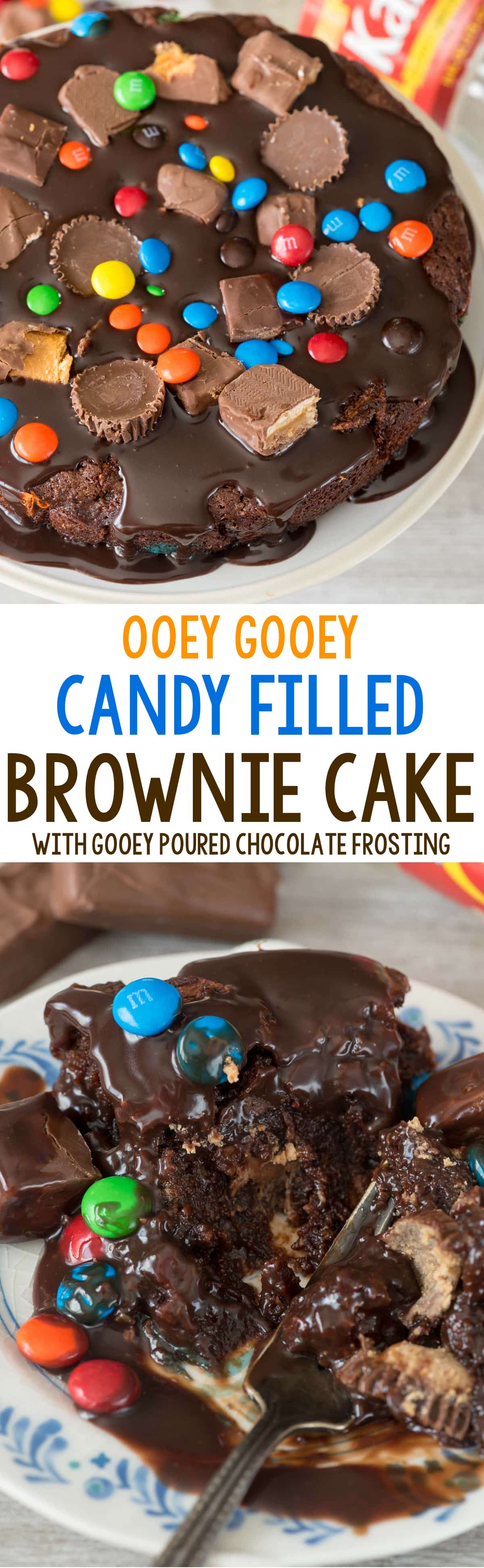 Gooey Candy Filled Brownie Cake - this EASY brownie recipe is baked like a cake, FILLED with candy, and topped with a pourable chocolate frosting. It's chocolate heaven!
