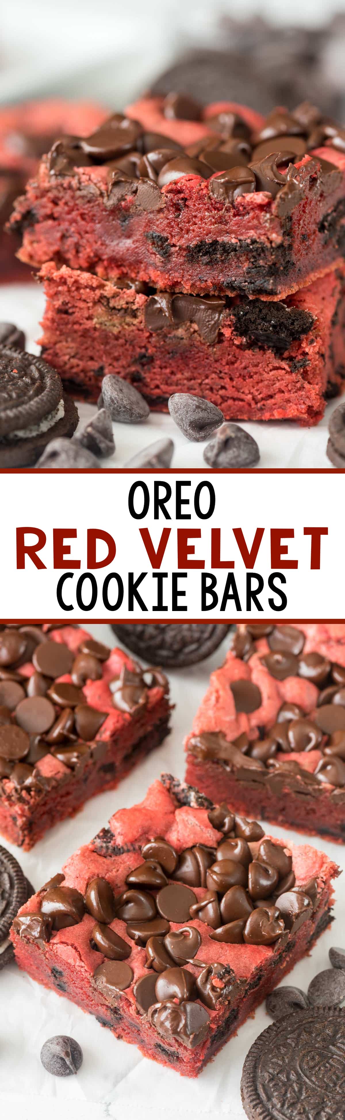 Oreo Red Velvet Cookie Bars - this easy blondie recipe is full of red velvet flavor AND Oreos and chocolate!