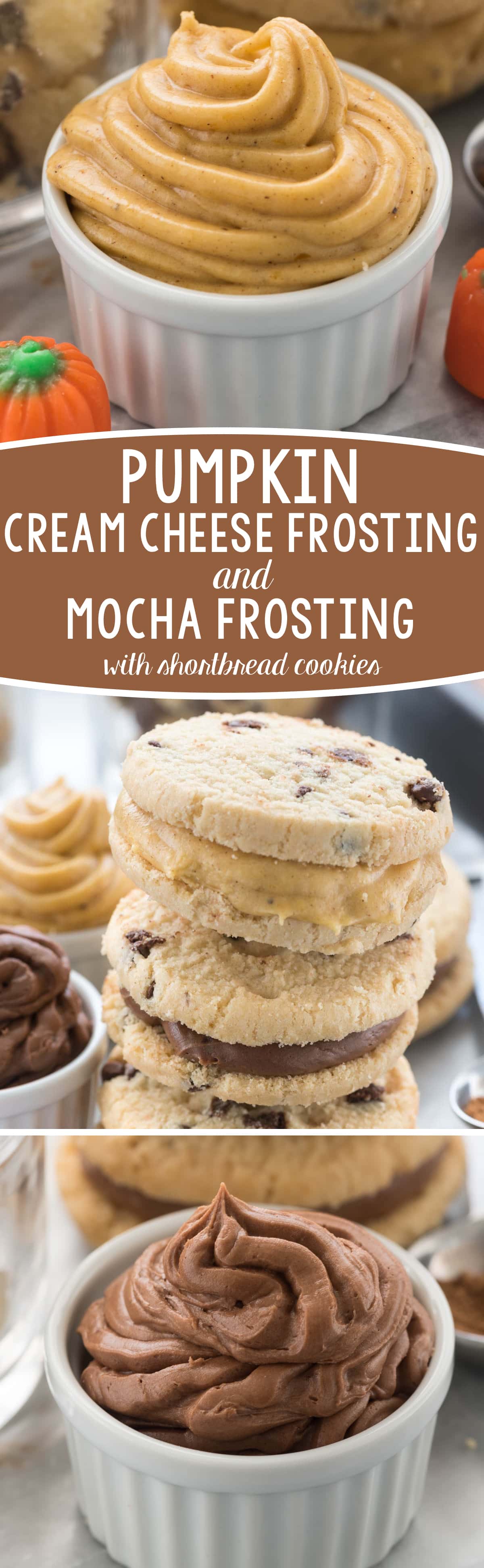 My FAVORITE easy frosting recipes: Pumpkin Spice Cream Cheese Frosting and Mocha Frosting - perfect to make sandwich cookies with!