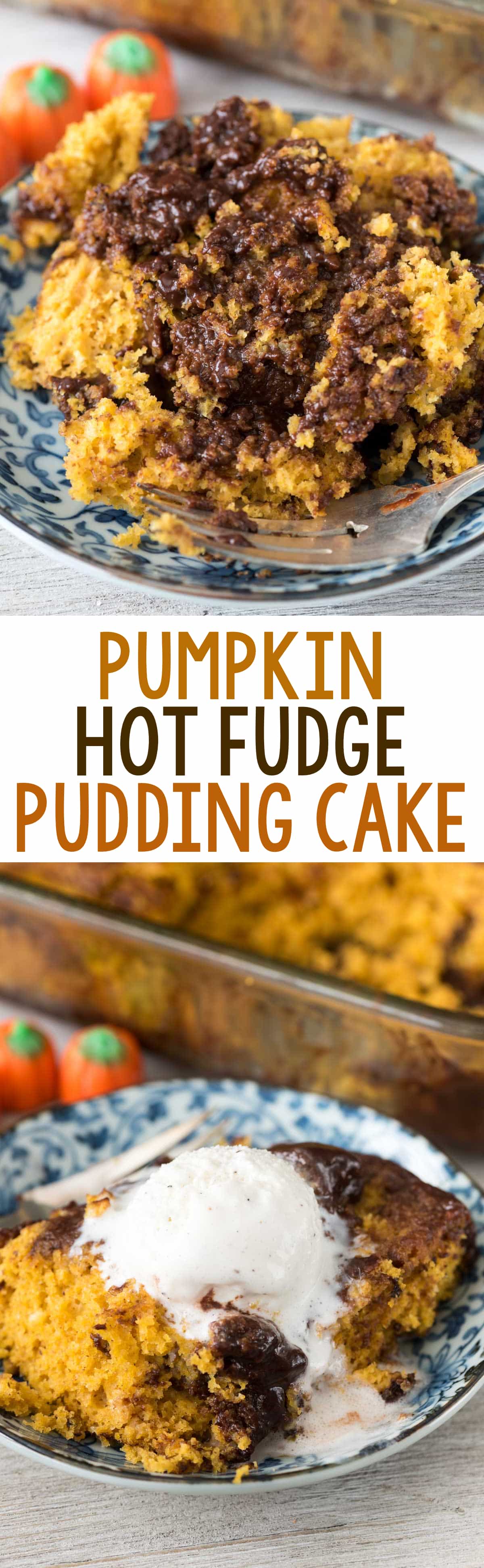 Pumpkin Hot Fudge Pudding Cake - this easy pumpkin cake recipe starts with a cake mix and is baked with chocolate that turns into hot fudge pudding!