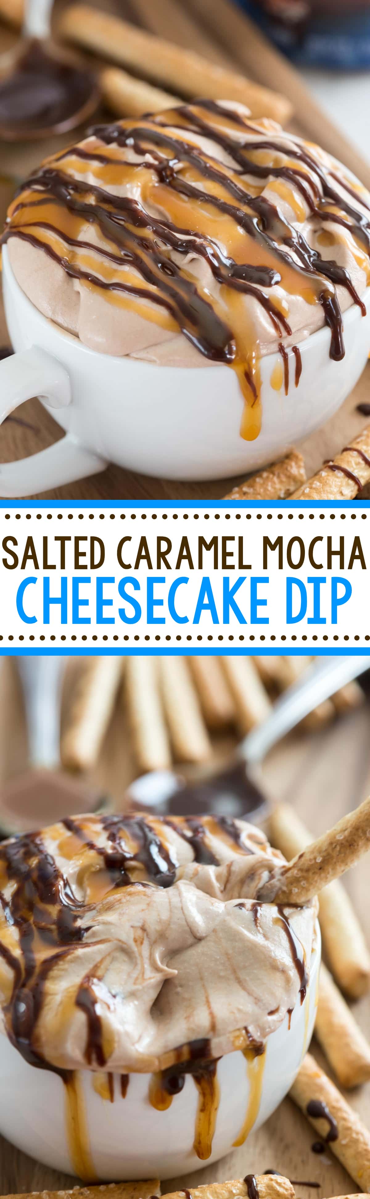 Salted Caramel Mocha Cheesecake Dip - this easy no-bake cheesecake recipe is PERFECT for dipping fruit or pretzels or eating with a spoon. 