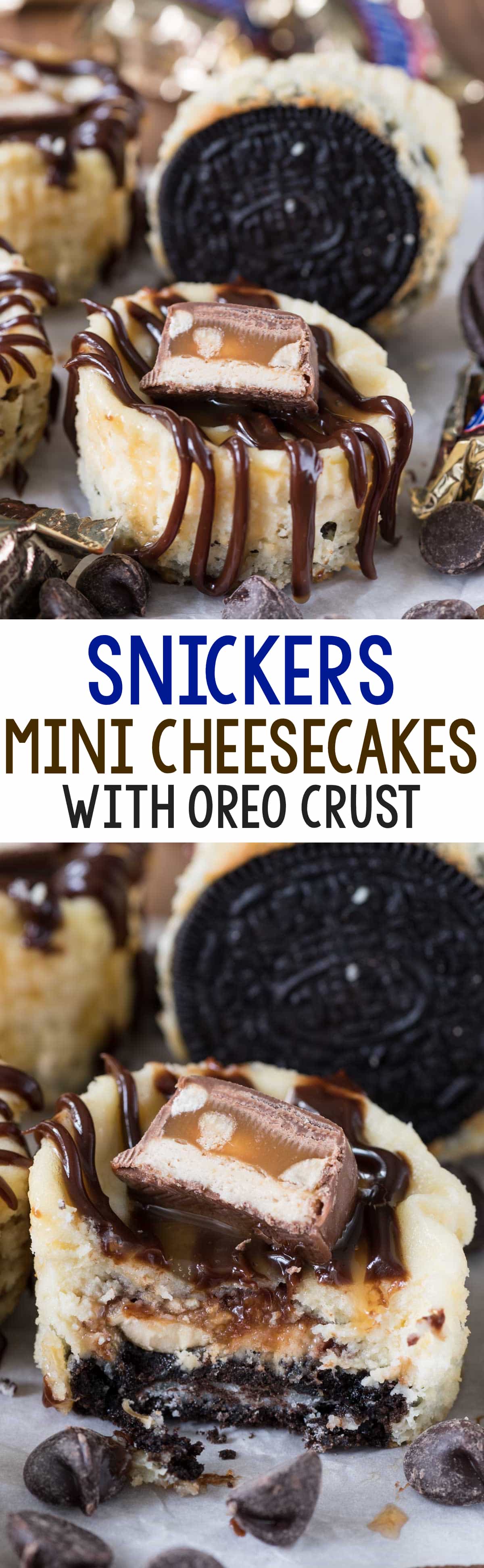 Mini Snickers Cheesecakes - these easy cheesecakes are made in a muffin cup with an Oreo crust and a surprise Snickers bite filling!