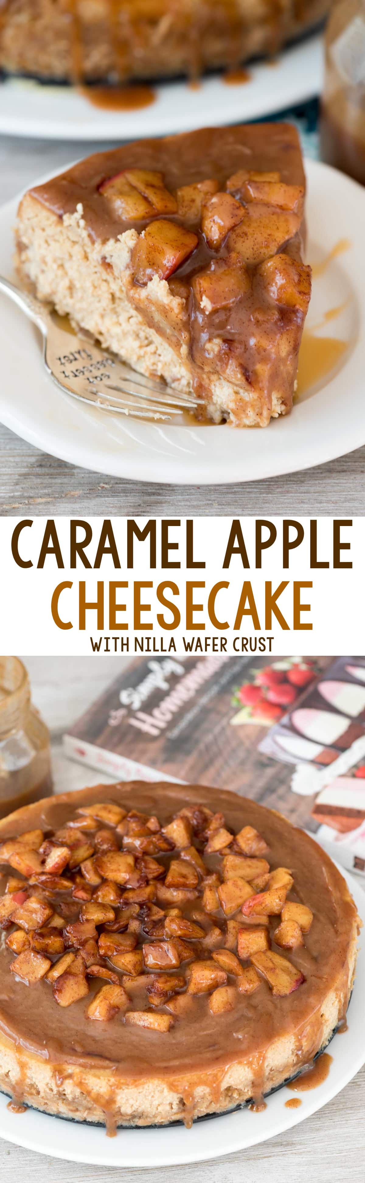 Caramel Apple Cheesecake - this scratch cheesecake recipe is FULL of caramel and apple flavor and has a Nilla Wafer Crust! It's topped with caramel and tons of apples - such a great fall dessert!