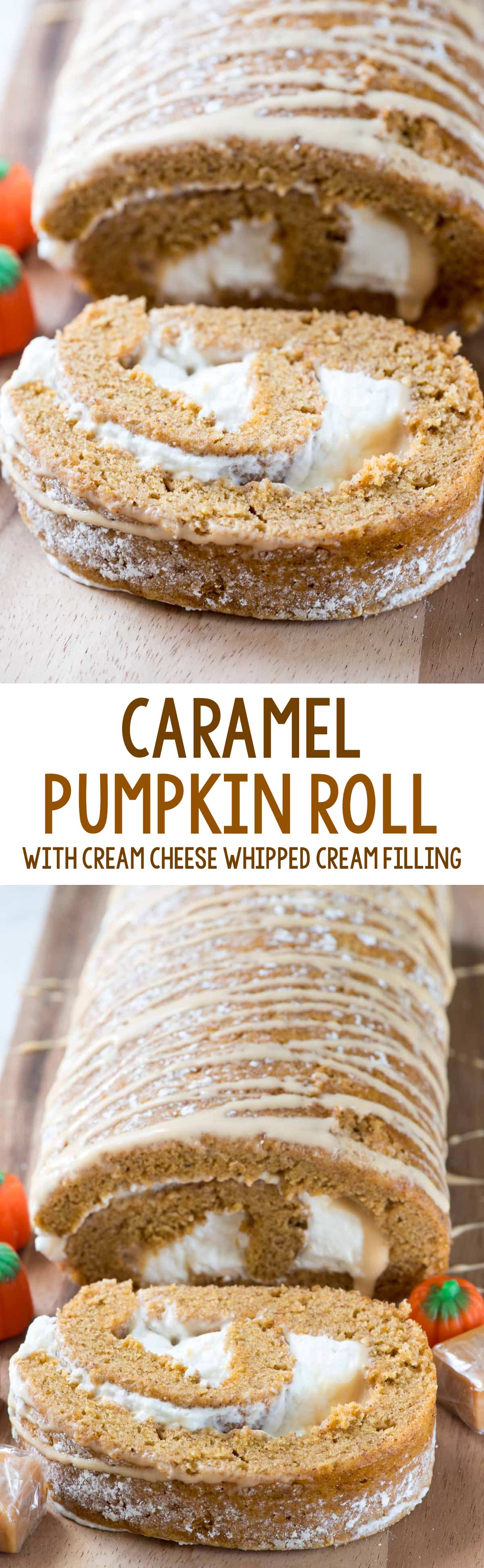 Caramel Pumpkin Roll - this easy pumpkin roll recipe is filled with caramel ganache and cream cheese whipped cream. It's your favorite pumpkin roll recipe with a twist!