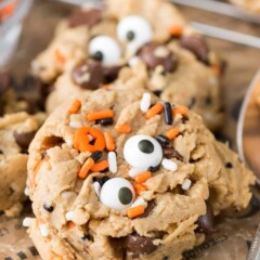peanut butter cookie with candy eyeballs and sprinkles