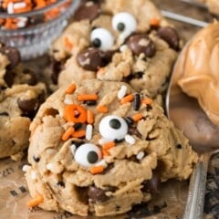 pudding cookies with orange and black sprinkles and candy eyes baked in.