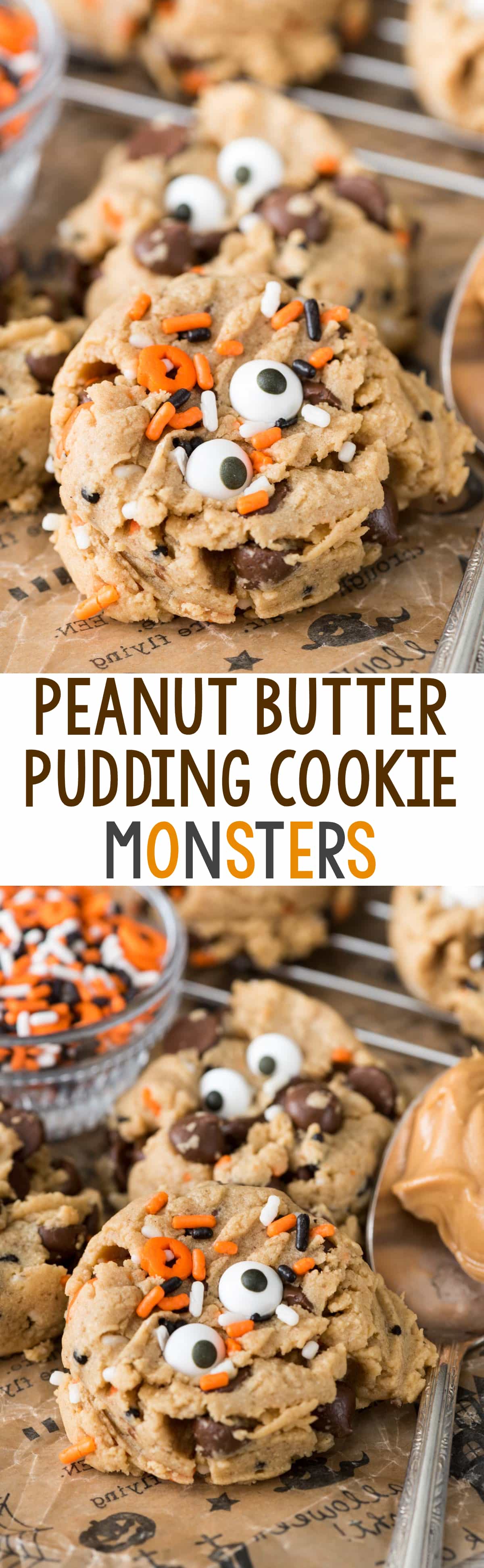 Monster Peanut Butter Pudding Cookies - this easy peanut butter cookie recipe has pudding in the dough so they stay soft for days! Add chocolate chips and a cute monster face for Halloween!