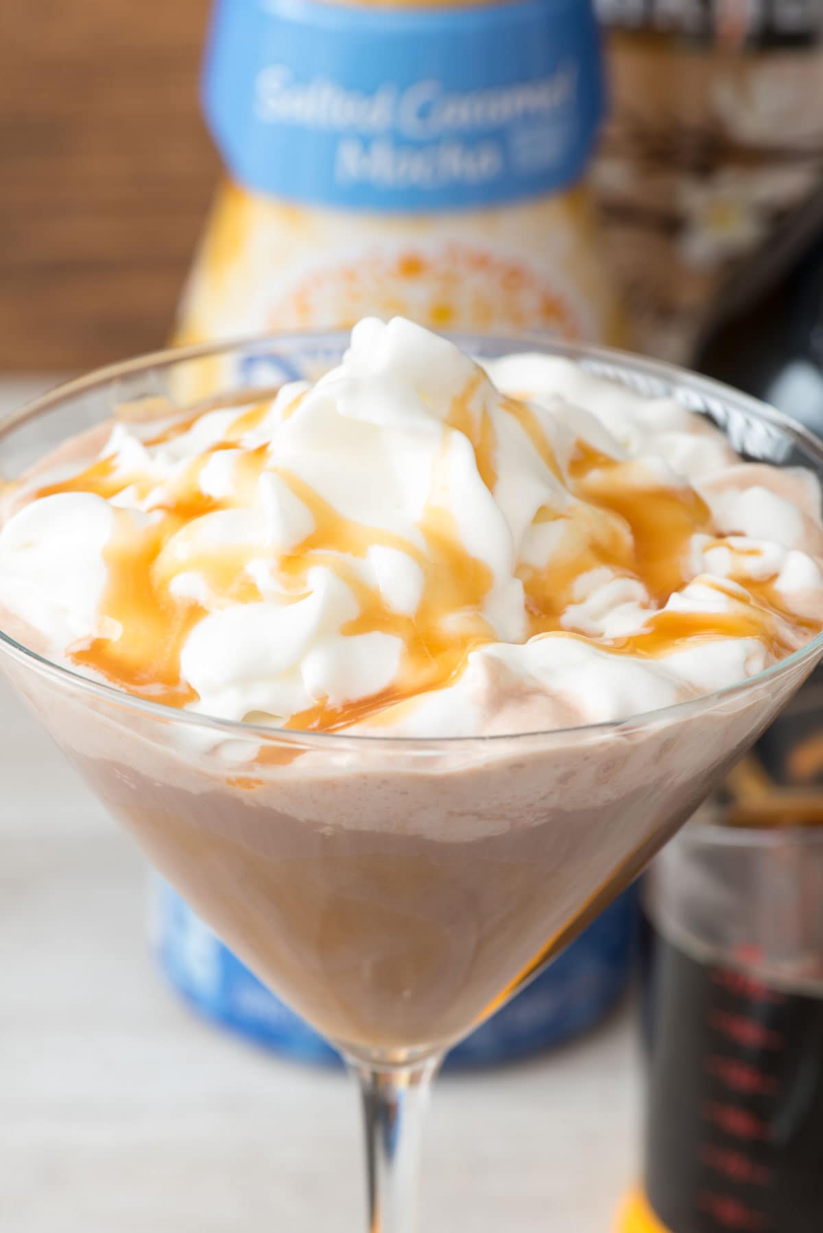 Salted Caramel Mocha Martini - an easy cocktail recipe made in minutes! Make it for one or make a pitcher for a crowd. Vodka, coffee, caramel liqueur, and coffee creamer combine for the BEST martini ever!