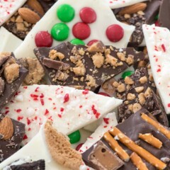 pile of chocolate and white chocolate candy bark