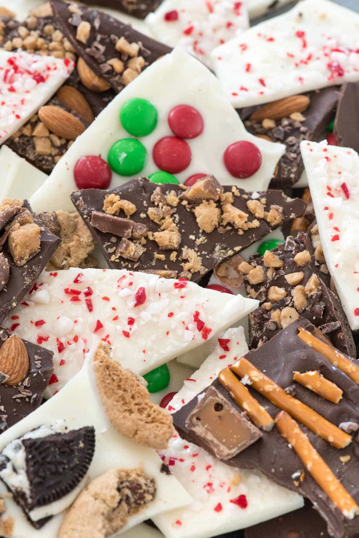 pile of chocolate and white chocolate candy bark