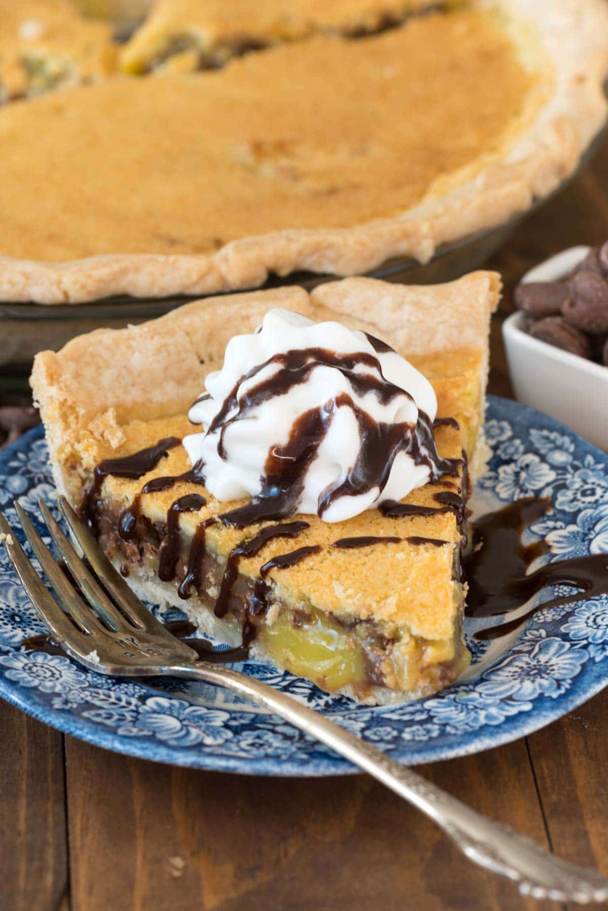 Chocolate Chip Chess Pie - this easy classic chess pie recipe is FULL of chocolate chips! It's the perfect pie for any holiday - everyone LOVES it!