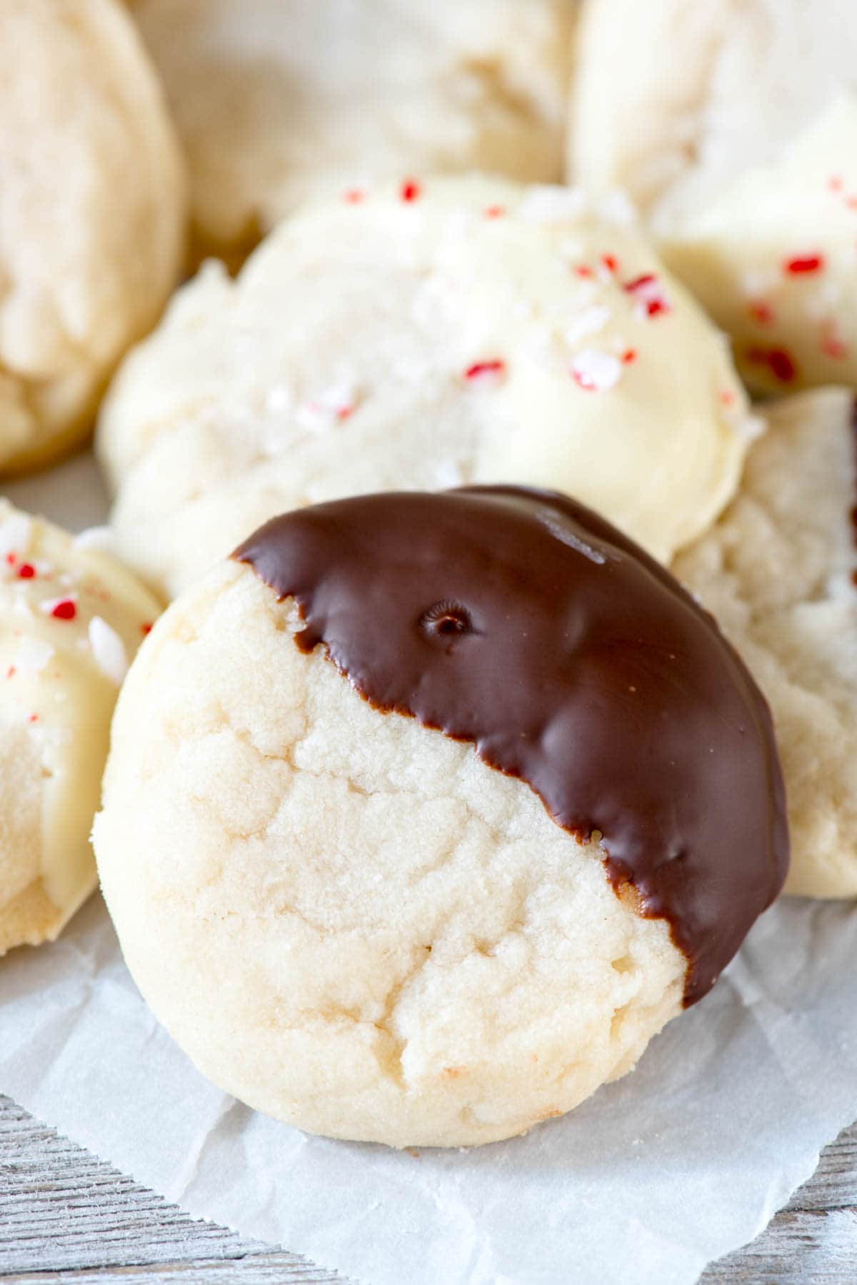 Soft and Chewy Shortbread Cookies - this easy cookie recipe is so good dipped in dark chocolate or white chocolate with sprinkles or peppermint crunch!