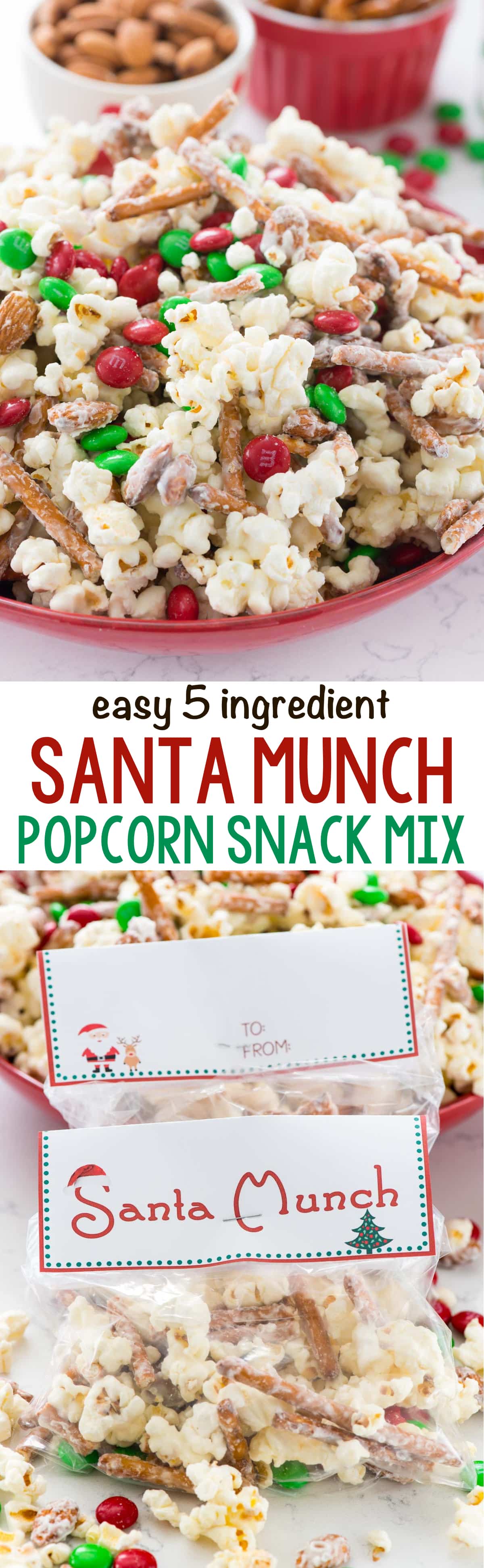 Santa Munch - this EASY 5 ingredient Popcorn Snack Mix is coated in white chocolate and makes the perfect snack for Christmas! Santa loves it...but the kids do too! Make them as goodie bags with the free printable!