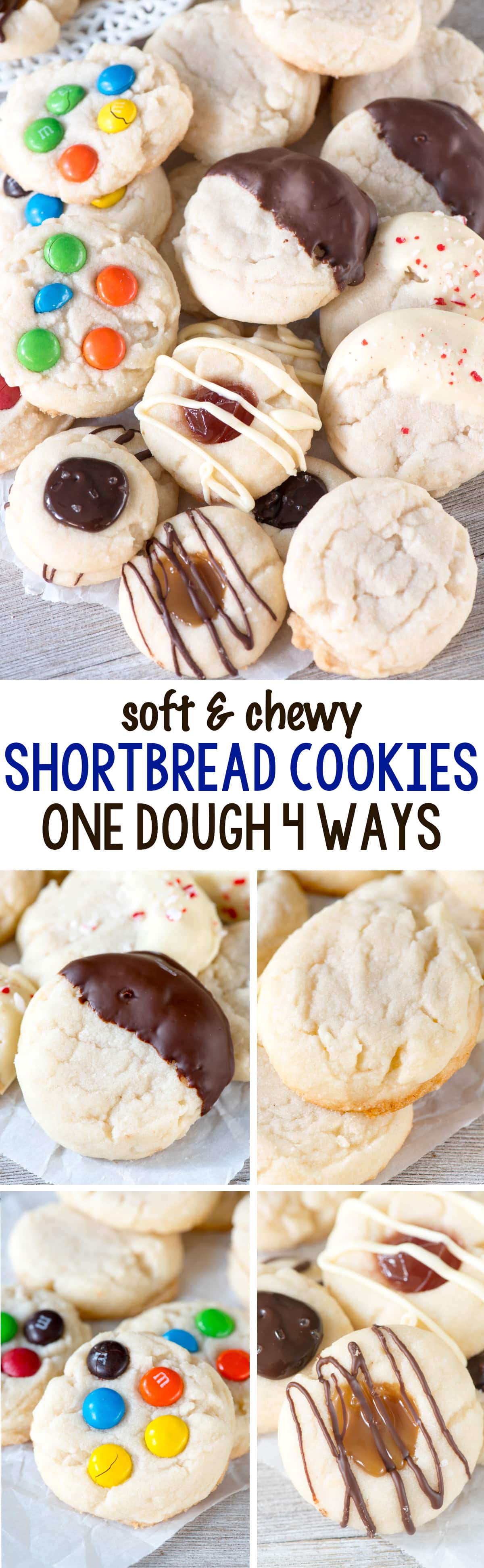 Soft Chewy Shortbread Cookies - this easy cookie recipe has one dough and can be made 4 ways! There are only 4 ingredients in the basic shortbread dough, dip them in chocolate, add M&Ms or make them into thumbprint cookies!
