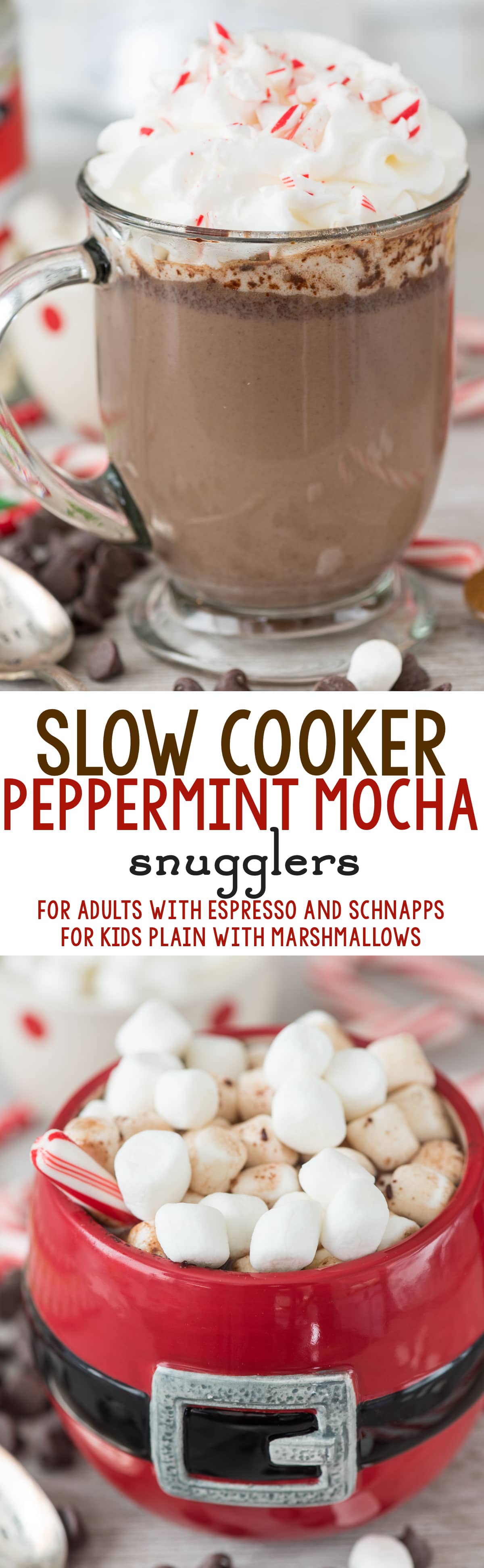 Slow Cooker Peppermint Mocha Snuggler - this easy crockpot hot chocolate recipe is filled with peppermint flavor! Keep it plain for kids or make it an adult cocktail with espresso and schnapps!