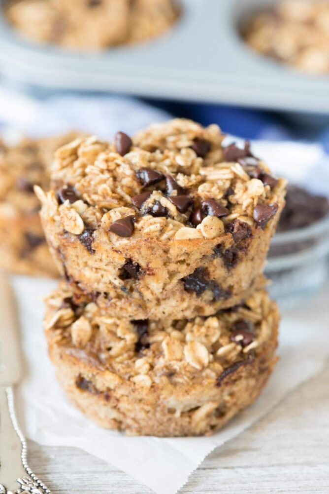Chocolate Chip Baked Oatmeal Muffins stack 