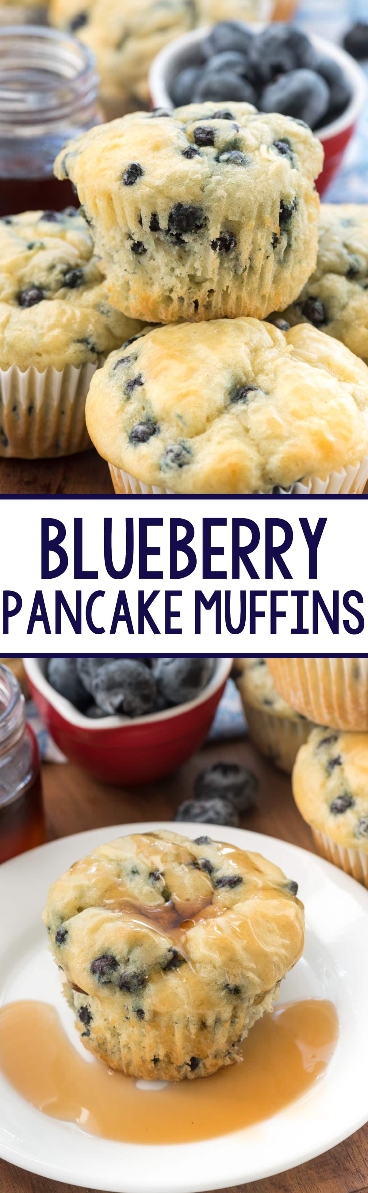 Blueberry Pancake Muffins - these easy muffins are made with pancake batter. They're great for on the go or with syrup for an easy make-ahead breakfast!