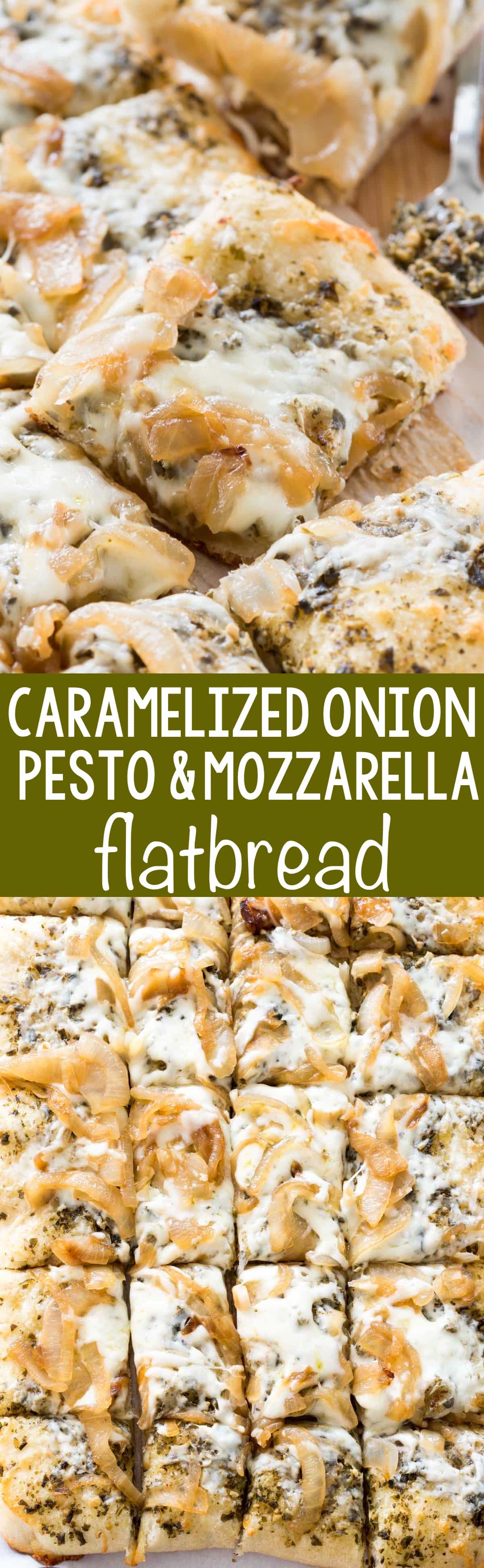Caramelized Onion Pesto Flatbread - this EASY 4 ingredient pizza recipe is the perfect appetizer. Pesto, caramelized onions, and mozzarella baked onto a pizza crust - every time I make this people rave about it!