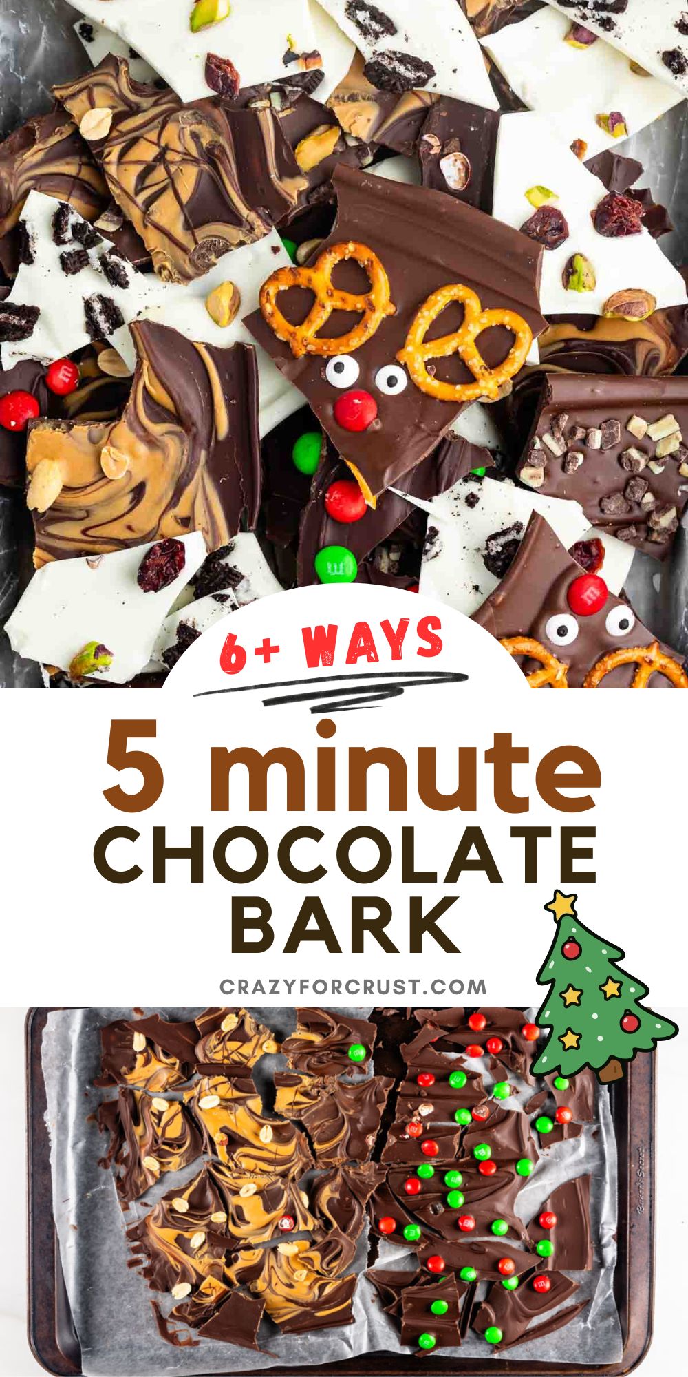 Chocolate Bark: Assorted chocolate bark pieces decorated with nuts, pretzels, candy eyes, and holiday candies, arranged on a baking tray. Text reads 6+ Ways 5 Minute Chocolate Bark with a cartoon Christmas tree.
