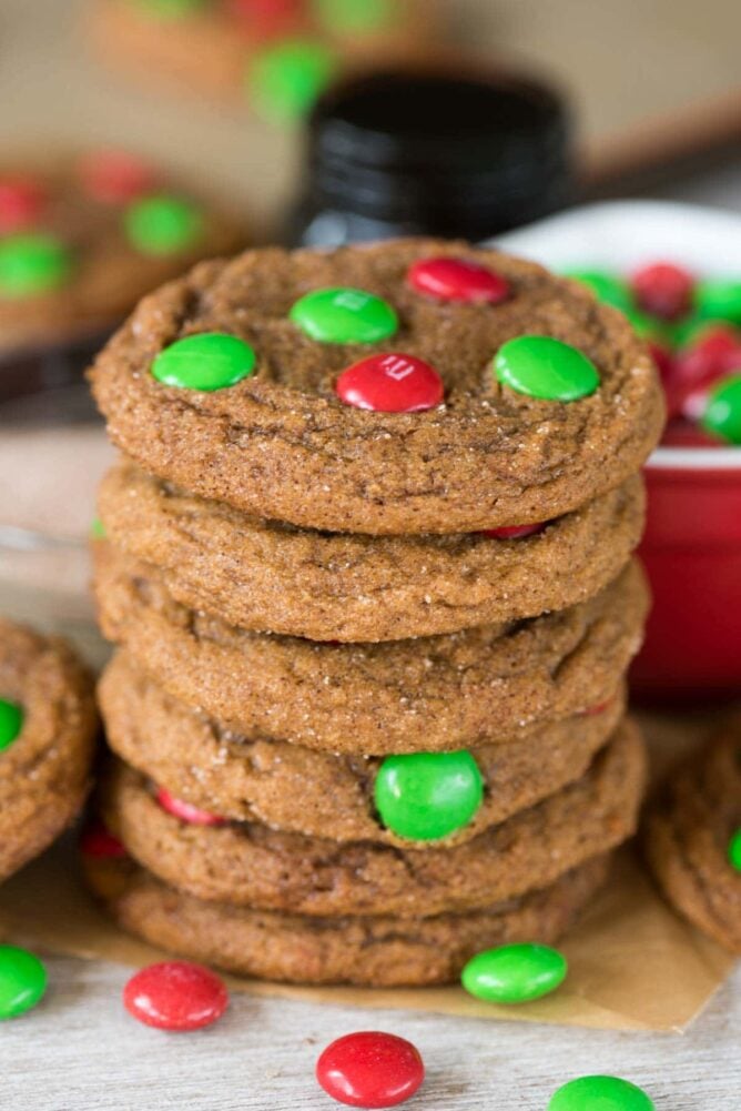 Stack of cookies with M and M's in them