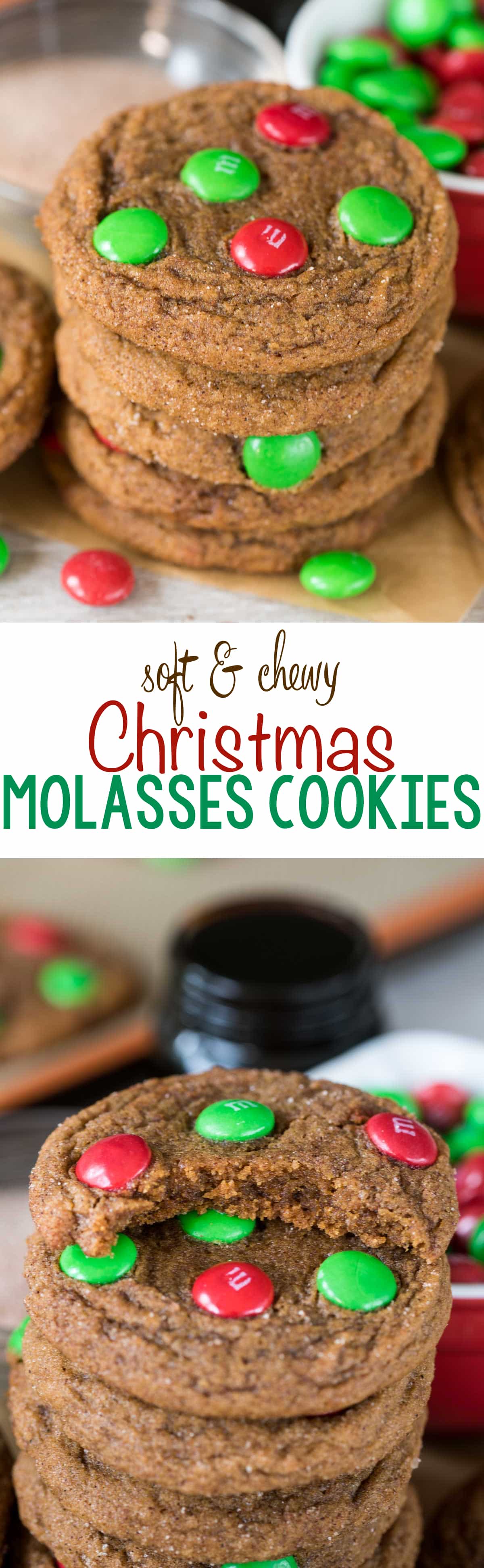 Soft & Chewy Christmas Molasses Cookies - this easy gingerbread cookie recipe is soft and chewy and the perfect amount of spicy. It's rolled in cinnamon sugar before baking and topped with Christmas M&Ms!